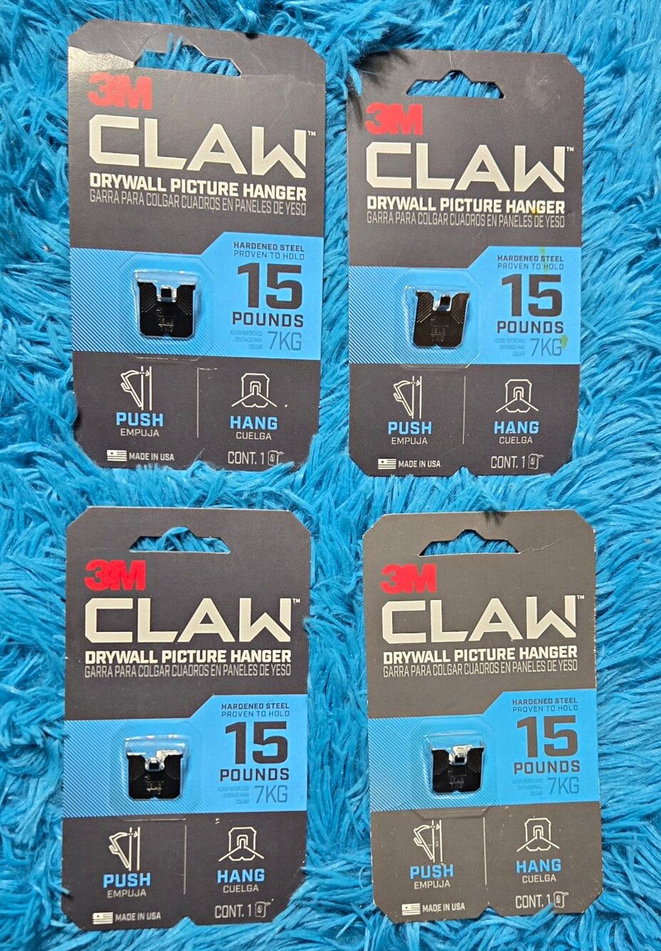 3M CLAW Drywall Picture Hanger 15 lb Lot , Hardened Silver Steel, 4- 1 ct Packs